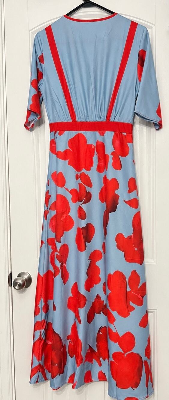 Harper & Wells Blue Red Floral Wrap Maxi Dress